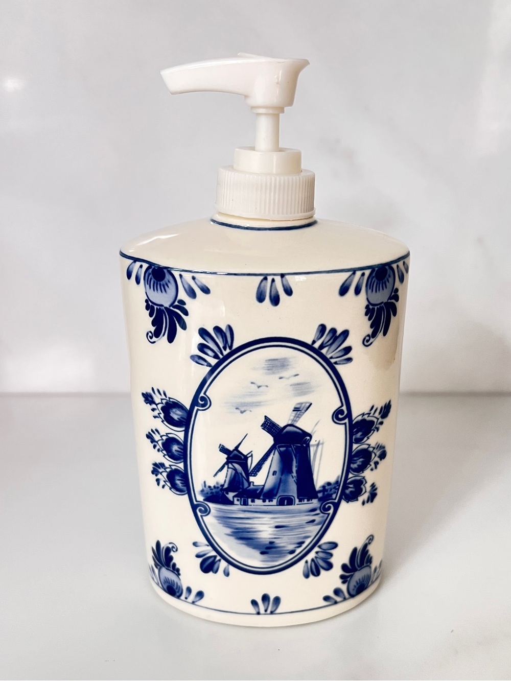 Vintage Delft Blue Soap Dispenser Handwork Windmill & Flora Elesva Holland